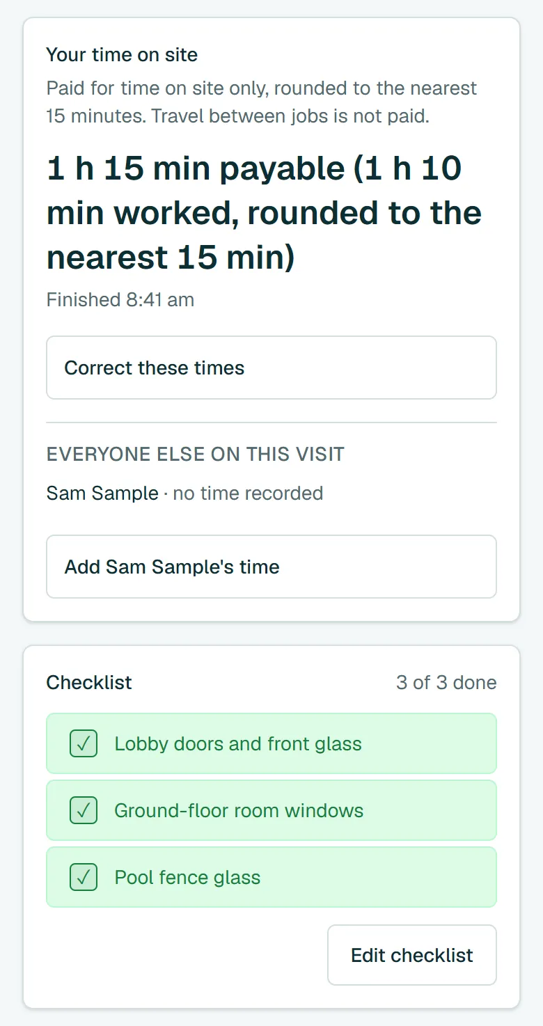 A visit's time card: finished at 8:41 am, with all three checklist items ticked.